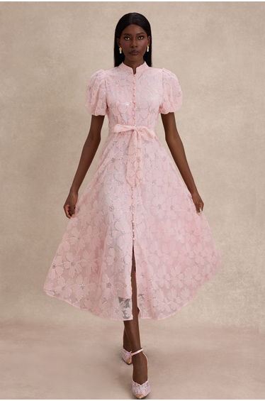 Mesh Floral Sequin Single Breasted Midi Dress