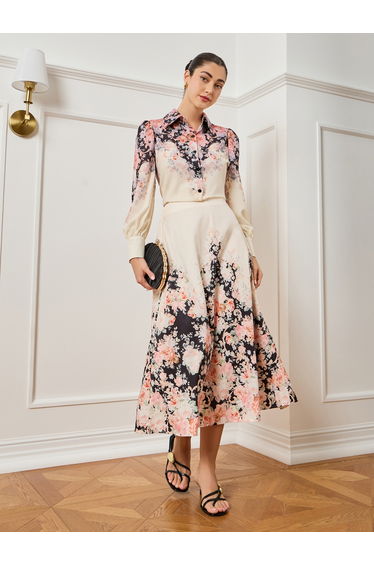 Women Off White Floral Print Buttoned Shirt