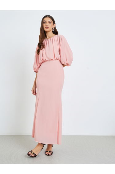 Women Peach Balloon Sleeves Mermaid Hem Maxi Dress