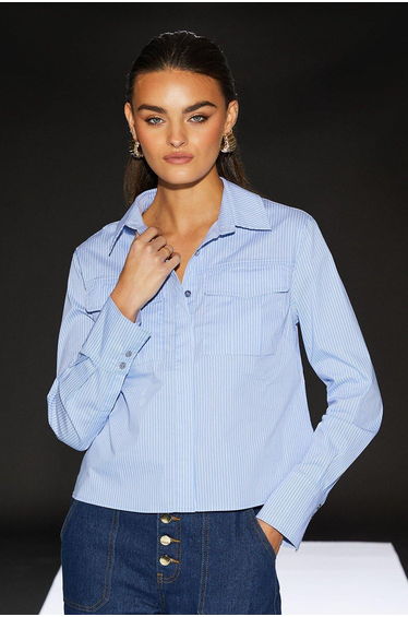 Runway Stripe Poplin Cropped Boxy Utility Shirt