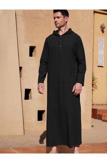 Solid Hooded Long Sleeve Buttoned Longline Robe
