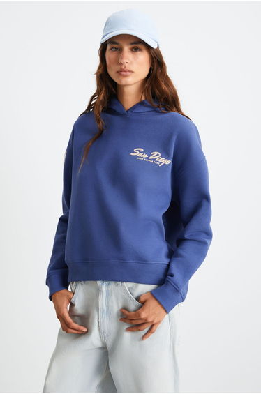 LANE Women's Polar Fleece Print Detail Relaxed Fit Hooded Kangaroo Pocket Navy Blue