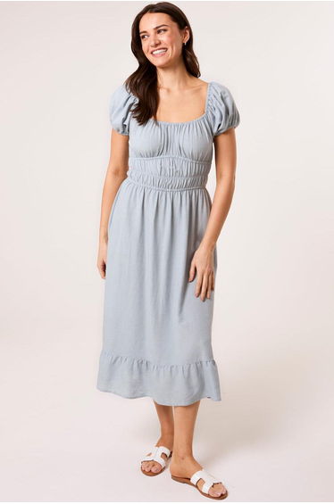 Puff Sleeve Shirred Panel Dress