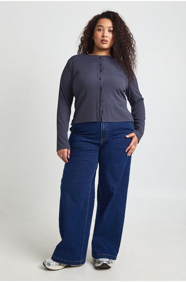 Plus Double Layer Rib Button Down Top - charcoal