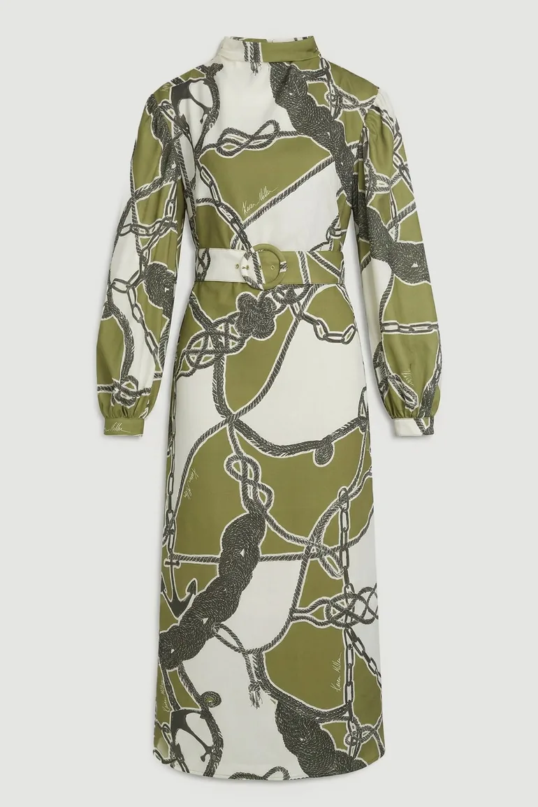 Chain Print Woven Balloon Sleeve Maxi Dress - 1