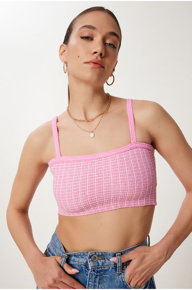 Women's Pink Strappy Stretchy Summer Knitwear Crop Blouse