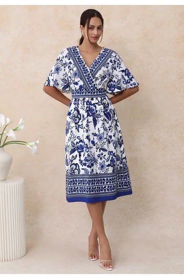 Navy Floral Faux-Wrap Flutter Sleeve Midi Dress