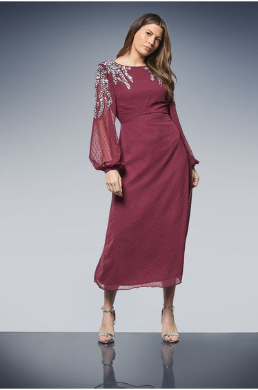 Occasion Dobby Embellished Cowl Midi Dress