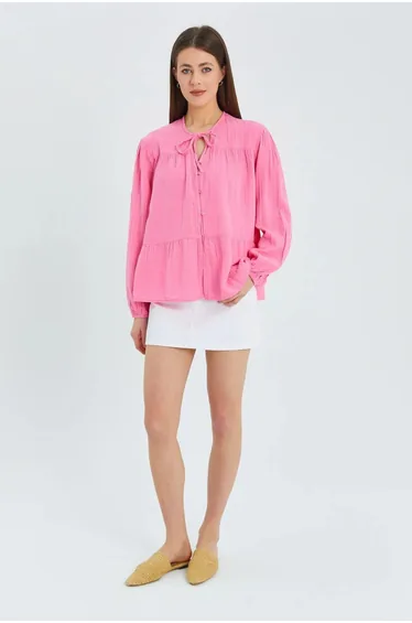 Mixray Long Sleeve Relaxed Fit Blouse with Tie-Neck