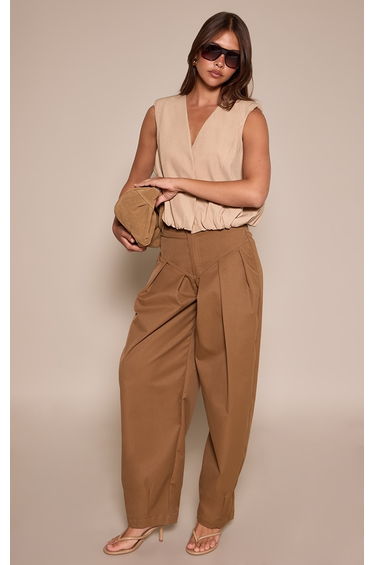 Camel Woven Pleated Balloon Trousers