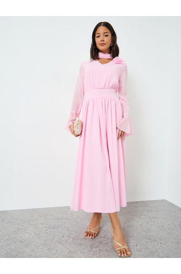 Pink Corsage Detail Midi Dress with Bell Sleeves