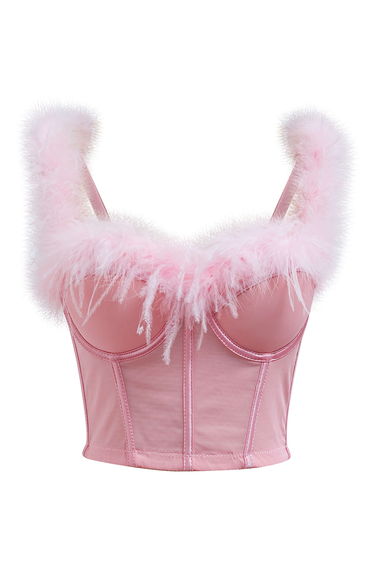 Feather-Embellished Bustier Top in Pink