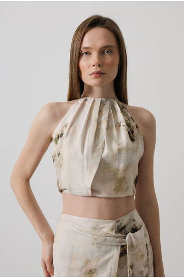 Beige Linen Look Halter Neck Crop Woven Blouse