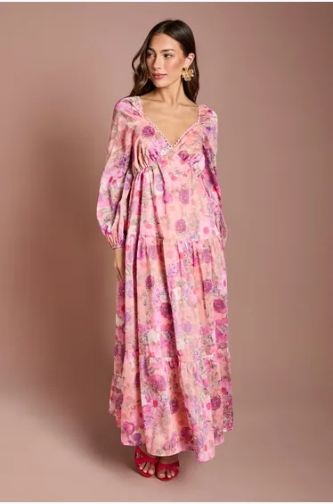 Printed Blouson Midi Dress