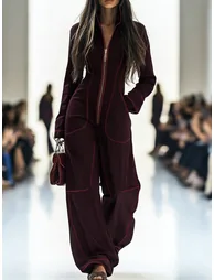 Long Sleeves Wide Leg Zipper Stand Collar Jumpsuits