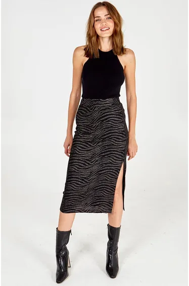 Zebra Foil Stripe Split Front Midi Skirt