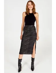 Zebra Foil Stripe Split Front Midi Skirt