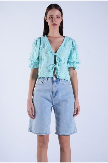 Women's Mint Balloon Sleeve Tassel Detailed Tie-Front Woven Blouse