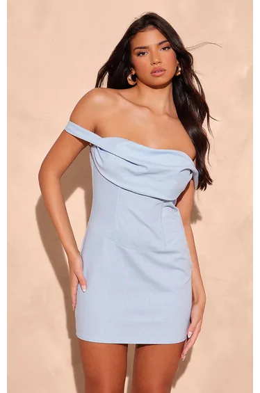 فستان ضيق بثنيات بمظهر كتان - أزرق