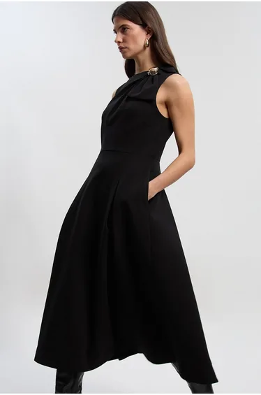 Compact Stretch Bow Tie Neck Trim Detail Tailored Full Midi Dress
