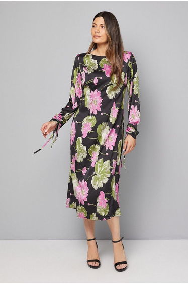 Floral Ruched Sleeve Midi Dress