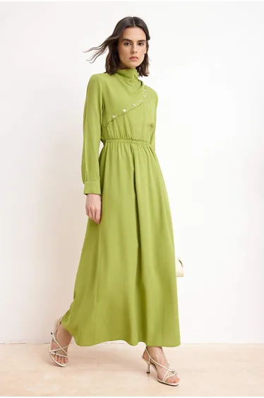 Khaki Lined Plain Woven Linen-Blend Hijab Dress