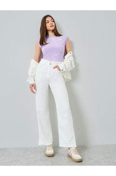Women Fringed-Trim Wide-Leg Jeans