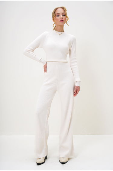 Women's Ecru Crew Neck Knit Crop Blouse and Palazzo Pants Set
