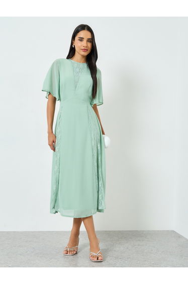 Green Lace Insert A-Line Midi Dress