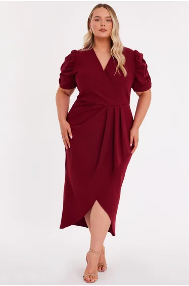 فستان ميدي بتصميم لف لون أحمر - للمقاسات الكبيرة