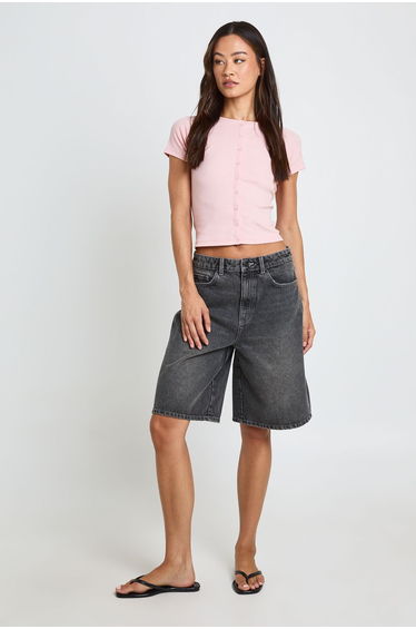 Tall Rib Button Through Cap Sleeve Top - baby pink