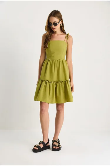 LUCCI Square Collar A-Form Dress with Binding Detail