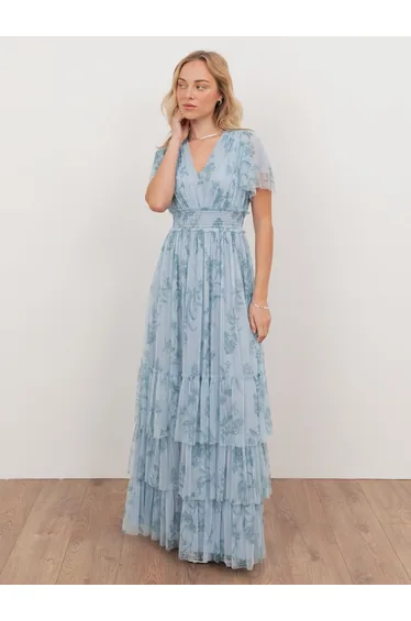 Anaya With Love Recycled Floral Blue V Neck Tiered Maxi Dress