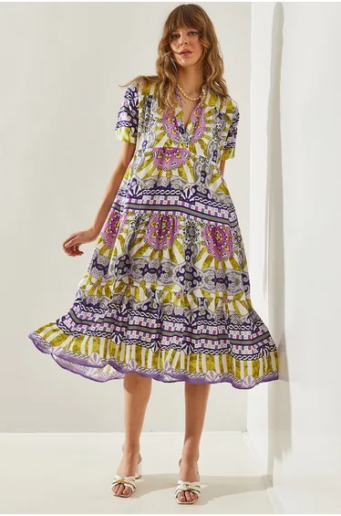 Women's Magnificent Collar Katkat Patterned Viscose Dress