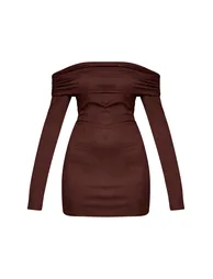 Chocolate Faux Suede Bardot Long Sleeve Bodycon Dress - 4