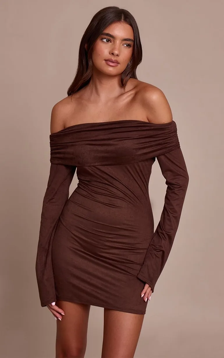 Chocolate Faux Suede Bardot Long Sleeve Bodycon Dress - 5