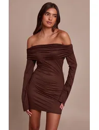 Chocolate Faux Suede Bardot Long Sleeve Bodycon Dress - 5