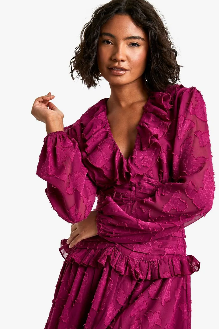 Shop Tall Floral Burnout Ruffle Plunge Ruched Skater Dress - plum Boohoo  Online in Jordan