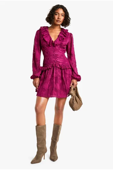 Tall Floral Burnout Ruffle Plunge Ruched Skater Dress - plum