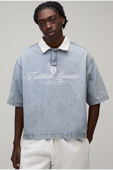 Limited Edition Embroidered Half Sleeve Denim Rugby Shirt - grey