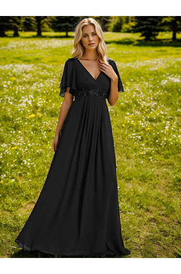ever IVYROSE|Ruffles Sleeve A-Line Chiffon Waist Applique Maxi Formal Evening Dress