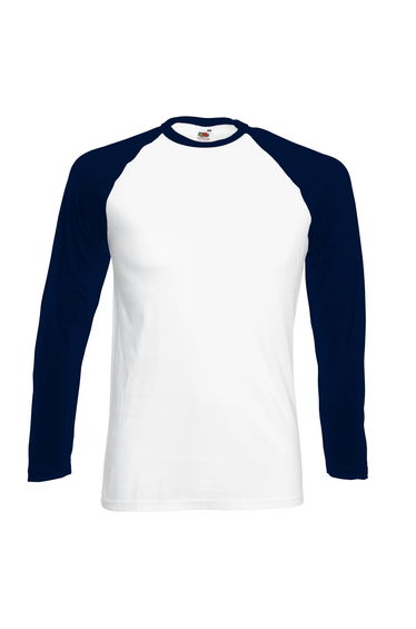Fruit Of The Loom Mens Long Sleeve Baseball T-Shirt - White/Deep Navy