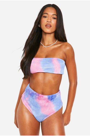 Tie Dye Crinkle Bandeau Bikini Top - pink