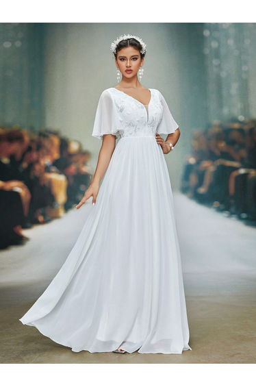 Leely Women's Elegant V Neck Flounce Sleeve Prom Dress