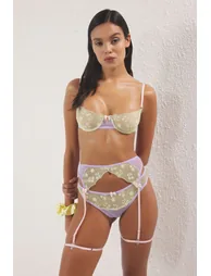 Lilac-Yellow Tulle Garter, Buckle, Leg Band Detailed Coverless Knitted Lingerie Set - 1