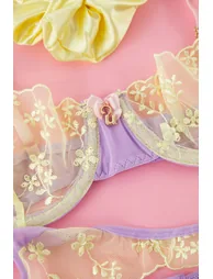 Lilac-Yellow Tulle Garter, Buckle, Leg Band Detailed Coverless Knitted Lingerie Set - 5