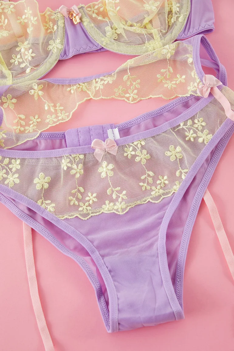 Lilac-Yellow Tulle Garter, Buckle, Leg Band Detailed Coverless Knitted Lingerie Set - 4