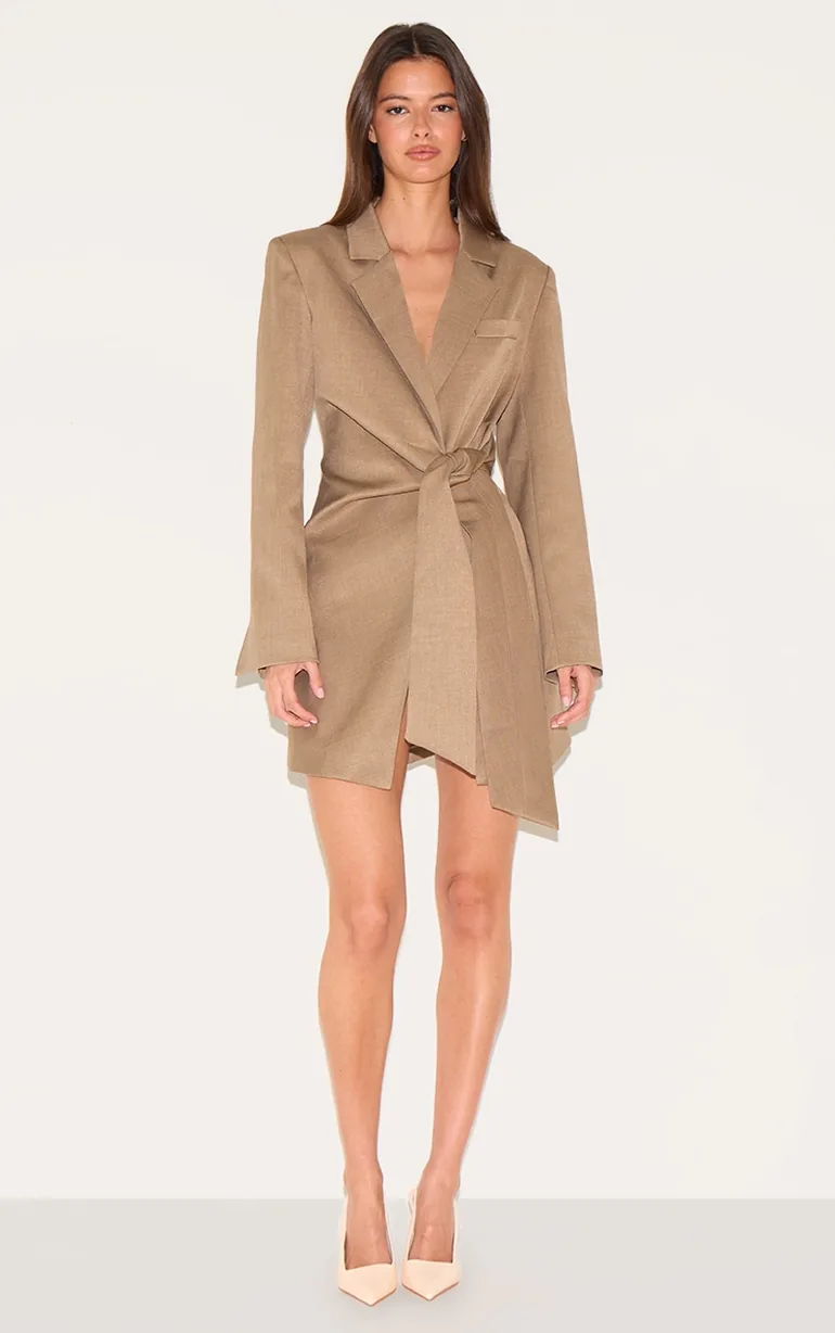 Mushroom Woven Blazer Side Tie Mini Dress