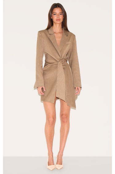 Mushroom Woven Blazer Side Tie Mini Dress