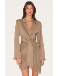 Mushroom Woven Blazer Side Tie Mini Dress - 1